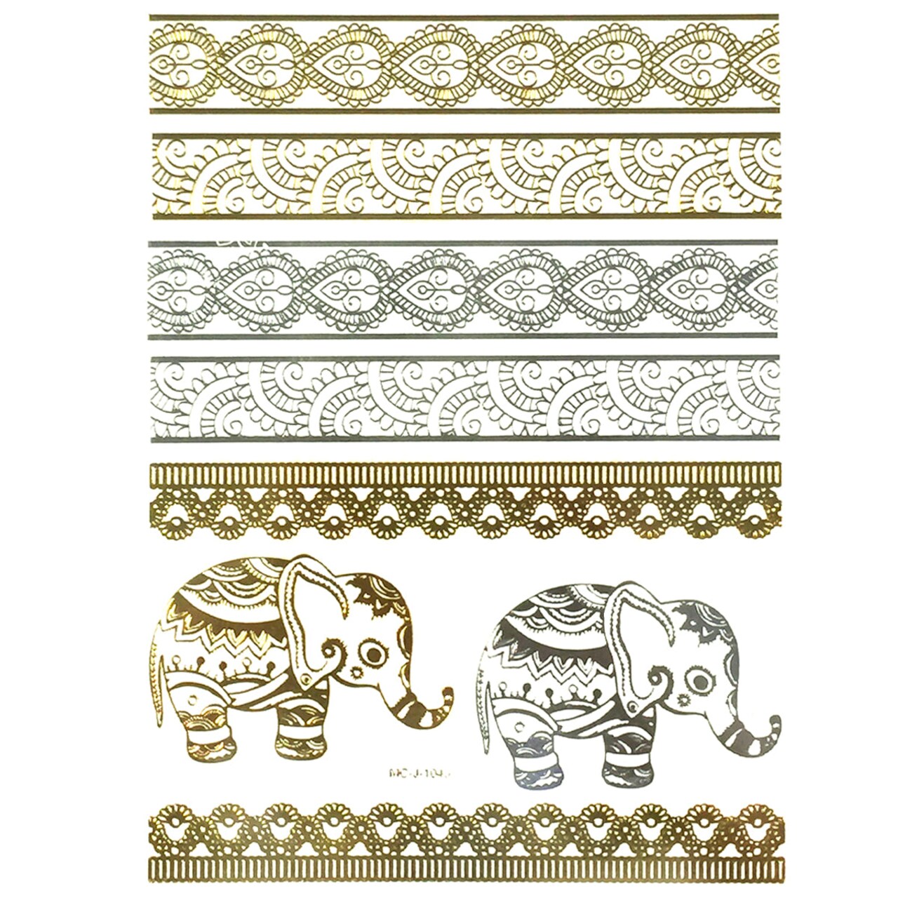 Wrapables Celebrity Inspired Temporary Tattoos in Metallic Gold Silver and Black, Elephants, Large